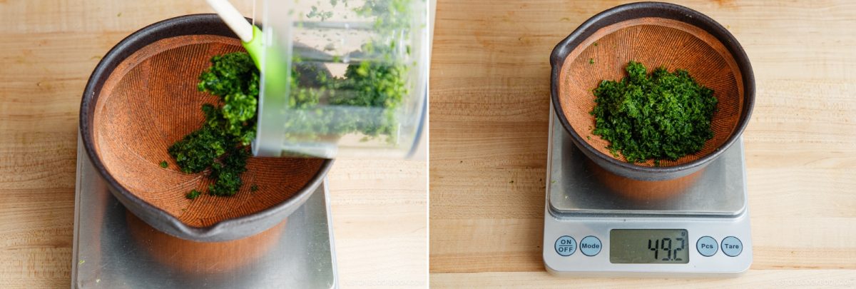 Chopped green herbs are poured into a bowl on a kitchen scale, an essential step in preparing a Yuzu Kosho recipe. In the next image, the scale shows the bowl with herbs weighs 49.1 grams.