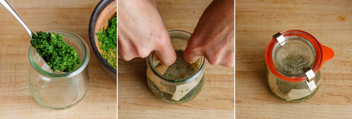 Three panels showing: spooning green herb paste into a glass jar, pressing the paste down with fingers, and sealing the jar with a glass lid and metal clasp—perfect steps for preparing a homemade Yuzu Kosho Recipe.