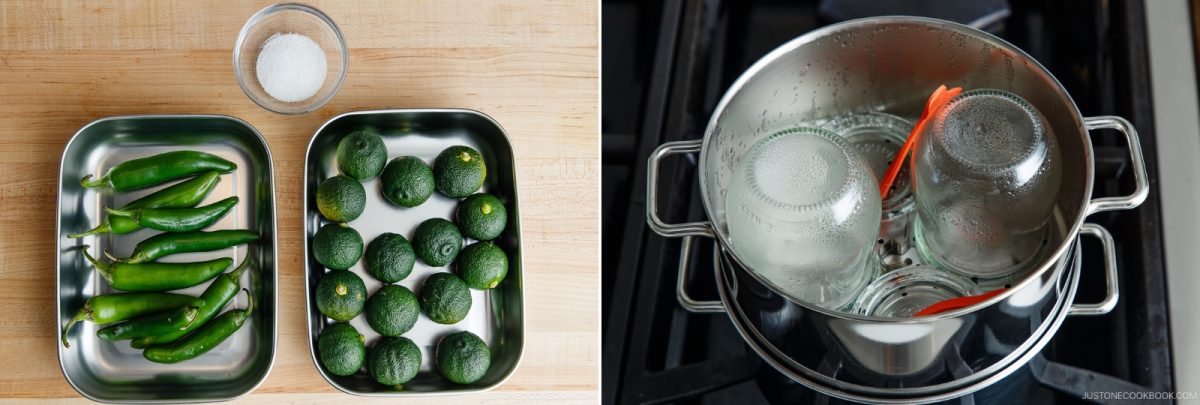 On the left: fresh green chilies, limes, and a bowl of salt on a wooden surface—perfect ingredients for a homemade Yuzu Kosho Recipe. On the right: glass jars being sterilized in boiling water in a pot on a stove.