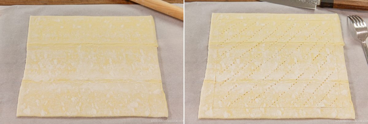 Two images of a puff pastry sheet: on the left, the plain sheet; on the right, the sheet with pricked holes made with a fork, both on parchment paper with a rolling pin, fork, and knife nearby—perfect prep steps for making an Easy Apple Tart.