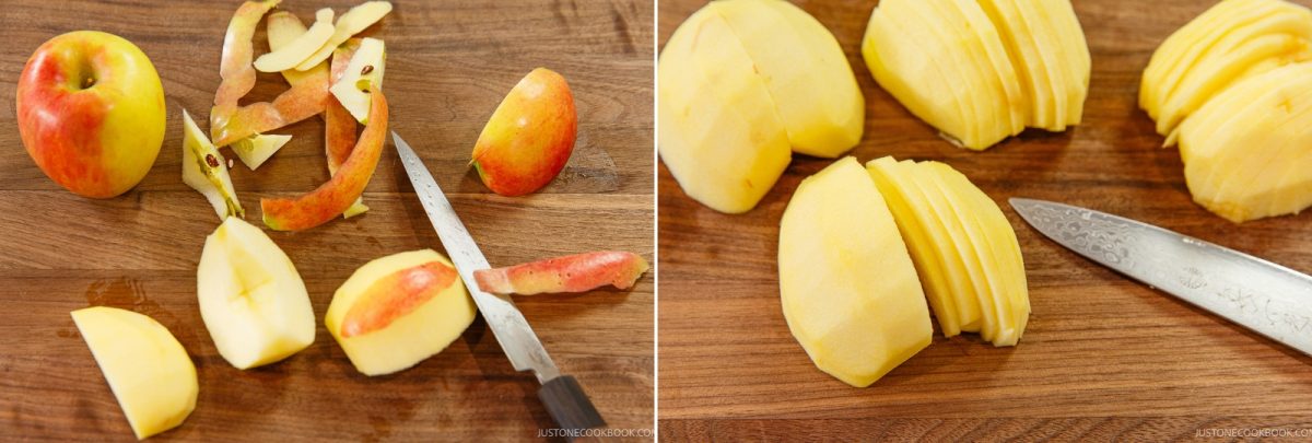 A whole apple, peeled and sliced with a knife on a wooden cutting board; on the right, peeled and sliced apple pieces and a knife rest on the same board—perfect preparation for an Easy Apple Tart.
