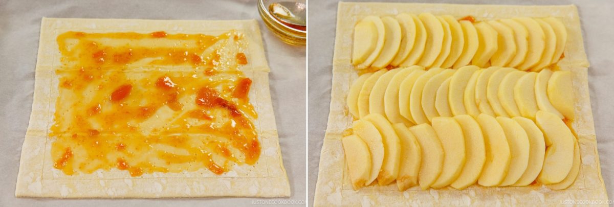 A sheet of pastry with apricot jam is shown on the left. On the right, the pastry is topped with neatly arranged slices of apple, creating an Easy Apple Tart that’s as beautiful as it is delicious.