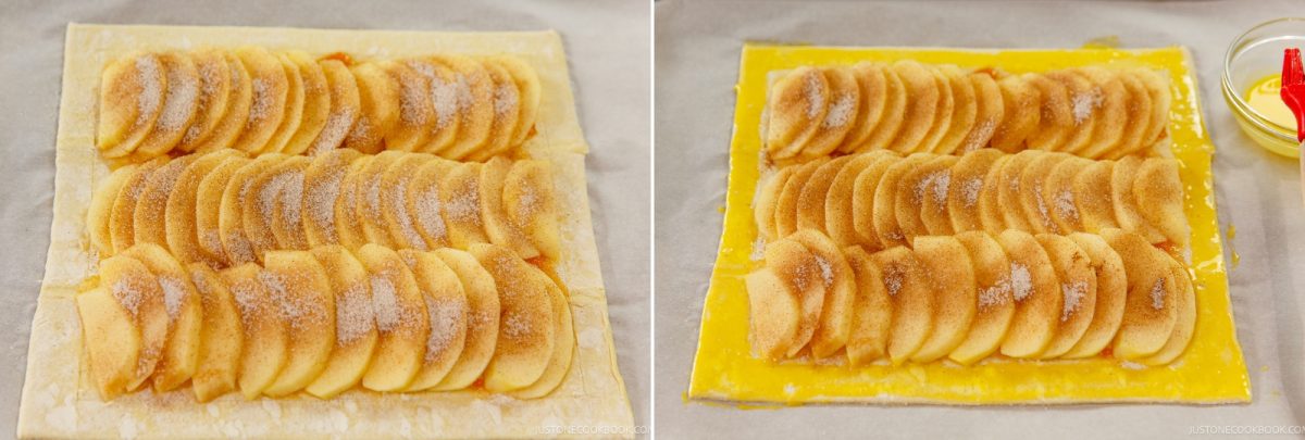 Two uncooked Easy Apple Tarts on parchment paper: the left tart has sugar and cinnamon sprinkled over the apples, while the right tart also features an egg wash brushed on its edges.