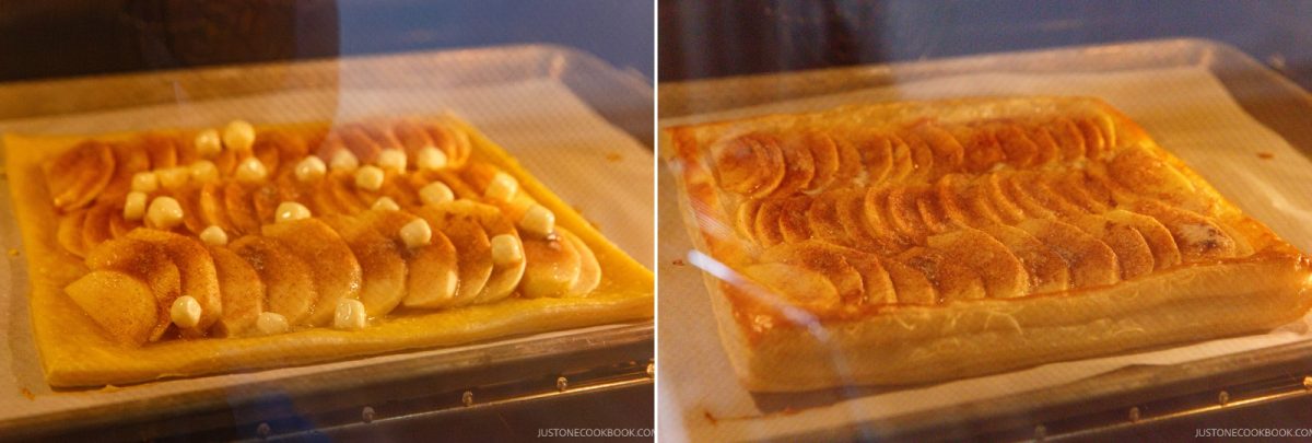 Two side-by-side photos show an Easy Apple Tart on a baking tray: the left image is before baking, with raw apples and butter, and the right image is after baking, with golden, cooked apples and pastry.