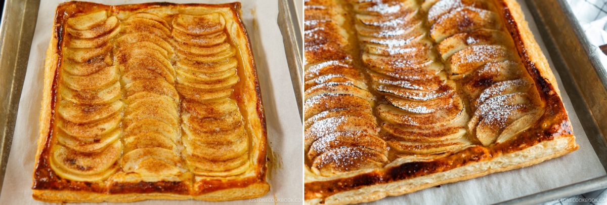 Two rectangular easy apple tarts with thinly sliced apples arranged in rows on flaky pastry. One tart is plain, while the other is dusted with powdered sugar. Both are on parchment-lined baking sheets.