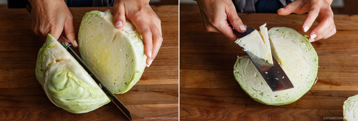 Two close-up photos show hands cutting a green cabbage in half on a wooden cutting board, then slicing out the core with a large knife—a perfect start to preparing Japanese Shredded Cabbage Salad.