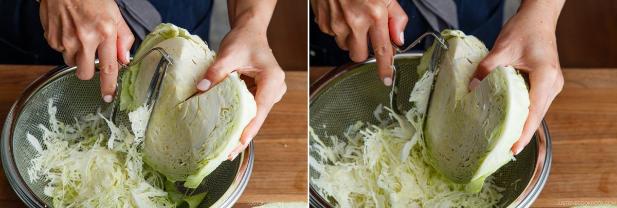 Two side-by-side images show hands using a mandoline slicer to shred a cabbage into thin strips over a metal bowl, perfectly preparing the base for a Japanese Shredded Cabbage Salad.