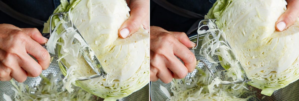 Hands using a mandoline slicer to shred a head of cabbage over a colander, with thin cabbage strips falling below—perfectly prepped for a Japanese Shredded Cabbage Salad.