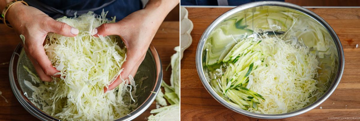 Hands shredding cabbage over a colander on the left; on the right, ingredients for Japanese Shredded Cabbage Salad—shredded cabbage and sliced cucumbers—rest in a metal mixing bowl on a wooden surface.