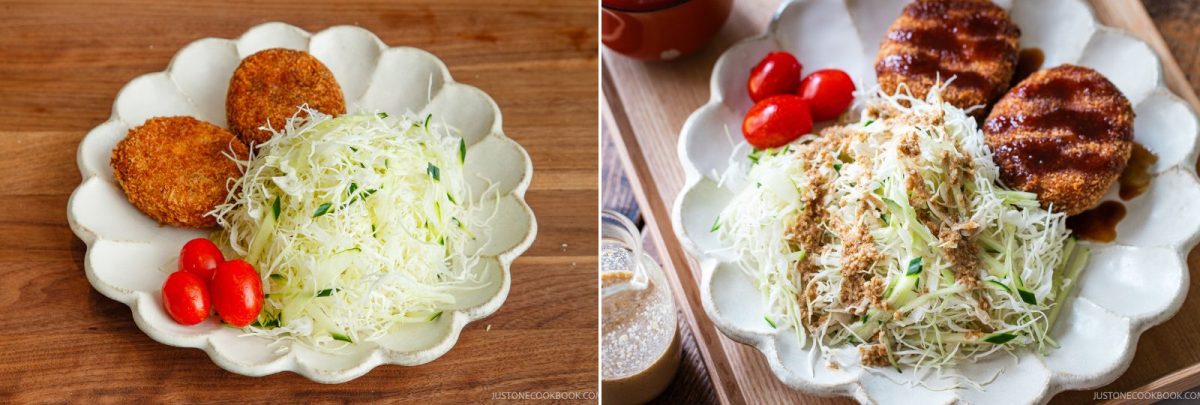 Two plates with breaded patties, Japanese Shredded Cabbage Salad, sliced cucumber, and cherry tomatoes. One plate has dressing over the cabbage; the other has plain cabbage, cucumber, and tomatoes on a scalloped dish.