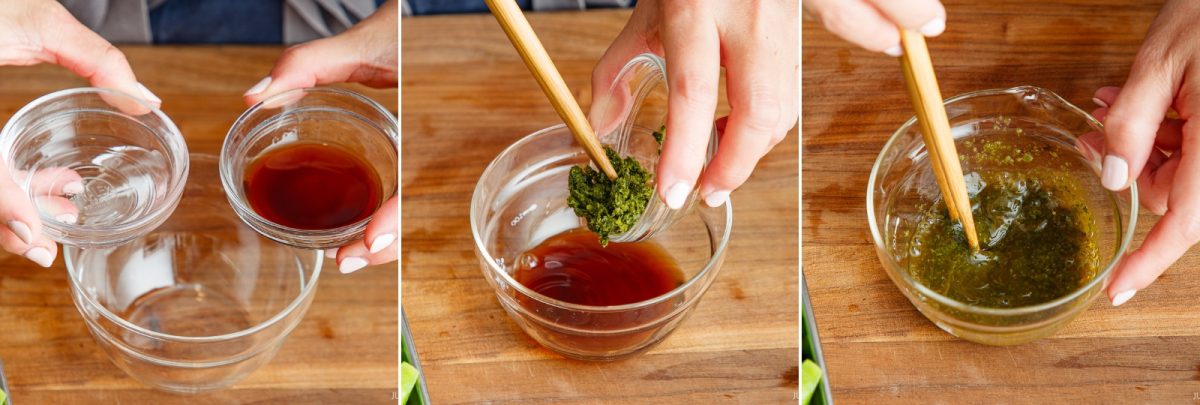 Three-panel image: pouring clear and brown liquids into a bowl, adding green Yuzu Kosho Edamame paste, then stirring the mixture with a spoon, all on a wooden surface.