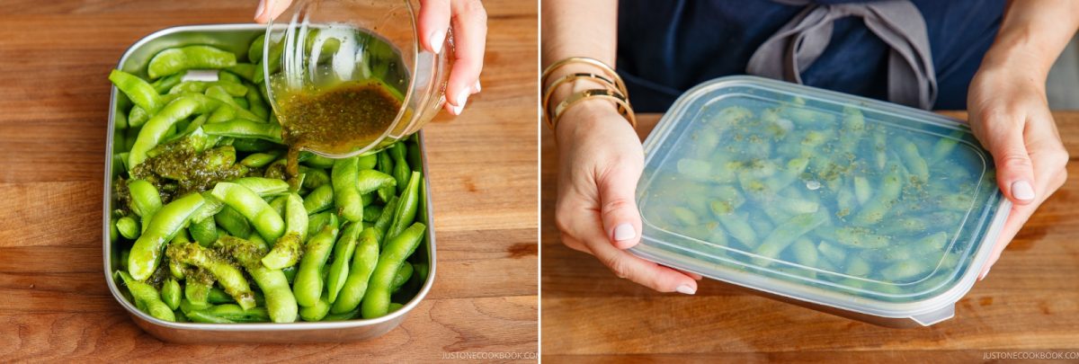 A hand pours a vibrant yuzu kosho marinade over edamame in a metal tray. In the next image, the Yuzu Kosho Edamame is covered with a clear lid and held by two hands.