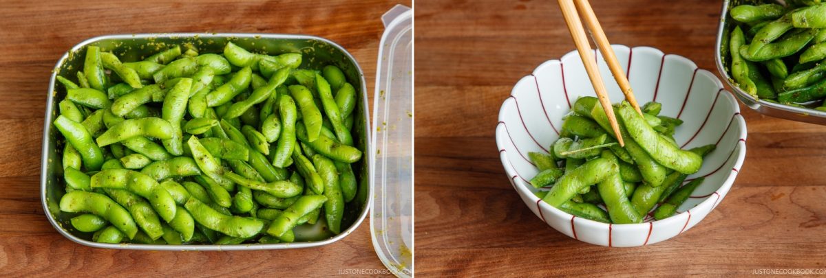 Two images: Left, a container filled with seasoned Yuzu Kosho Edamame pods. Right, chopsticks lift vibrant edamame from a bowl while more Yuzu Kosho Edamame is poured in from the container, all on a wooden surface.